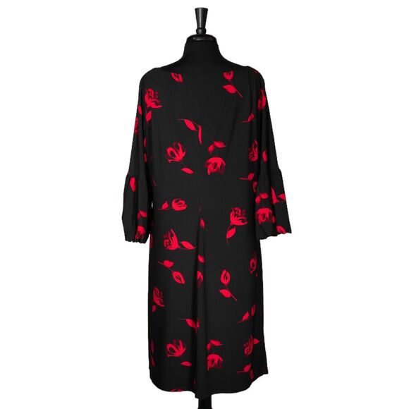 Ralph Lauren Women's Dress Black Red Floral Stretch Bell Sleeve Jersey Midi 20W - Picture 2 of 9